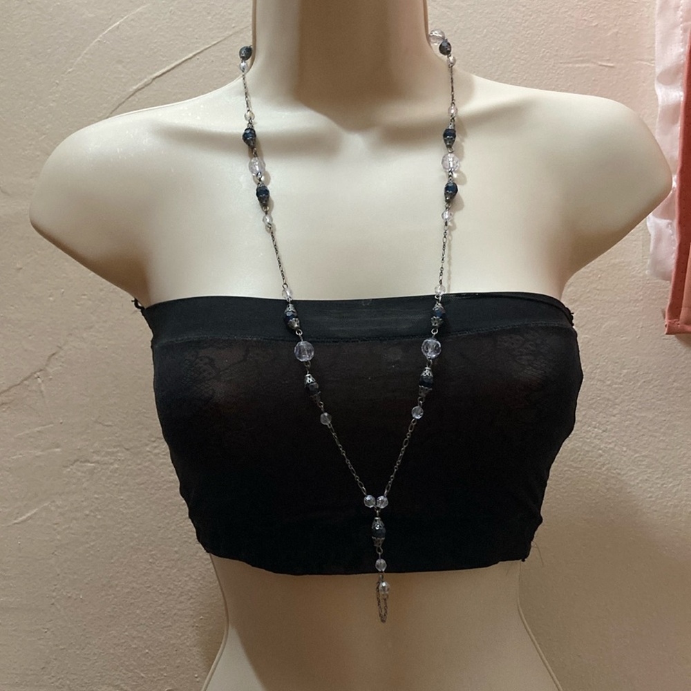 Vintage Clear Black and Silver Beaded Station Style Y Drop Necklace